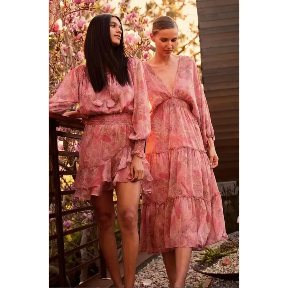 NWT Misa Almaha Mini Dress Small Pink Muted Paisley Ruffle Feminine - Picture 2 of 16